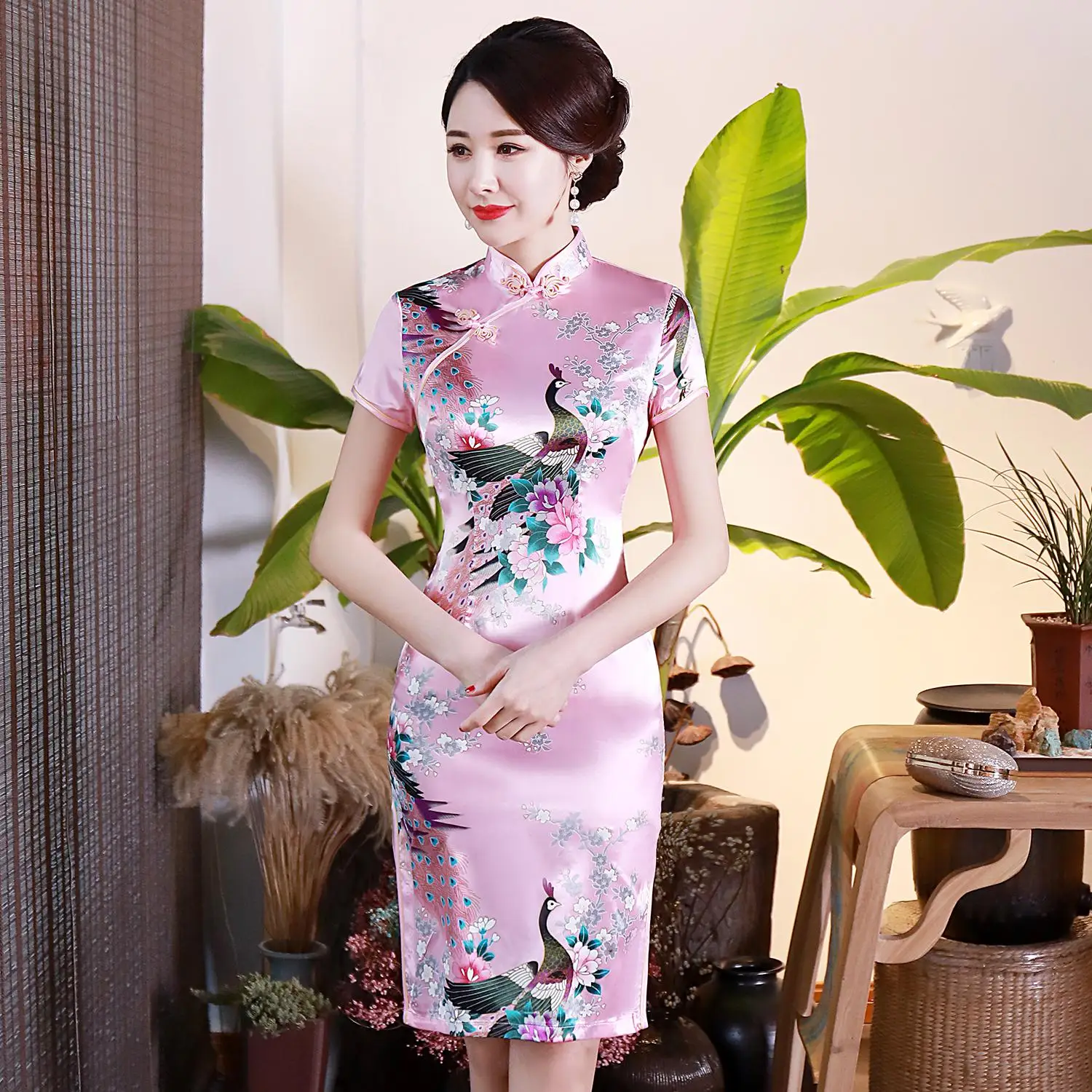 Черный цветочный принт женское короткое тонкое Cheongsam сексуальное ...