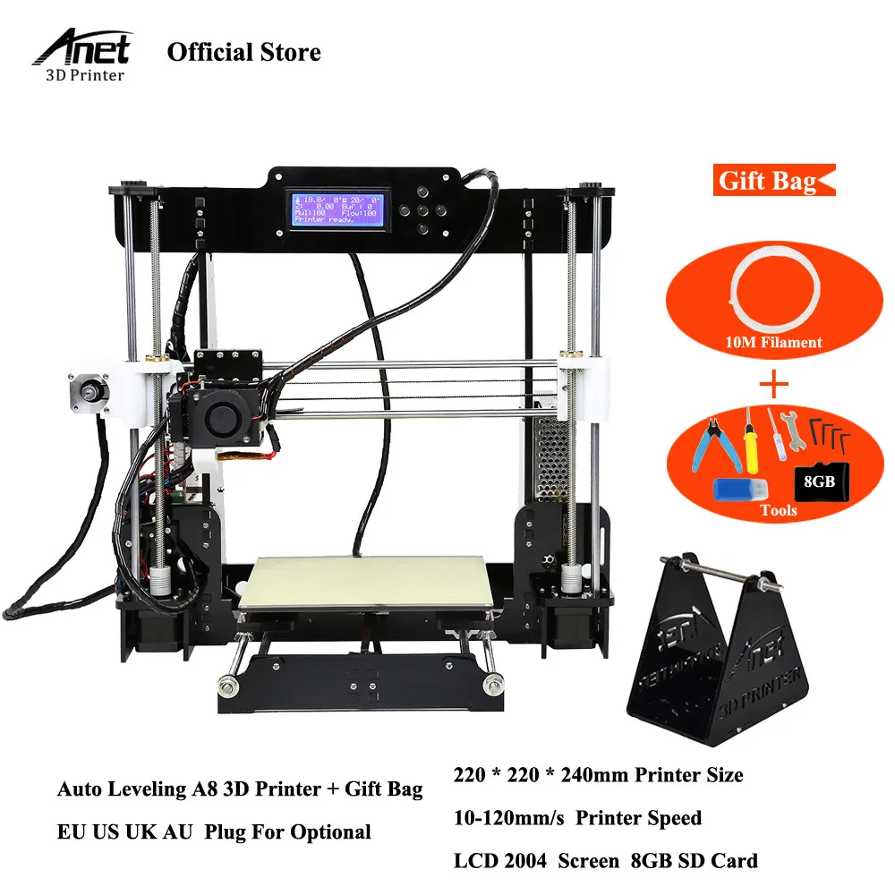 3d принтер Анет A8 auto level и нормальный 3д принтер 3D-принтеры 0.4 мм сопла RepRap i3 алюминиевый сплав очаг pritner DIY Kit нити 8 г SD карты принтер 3d