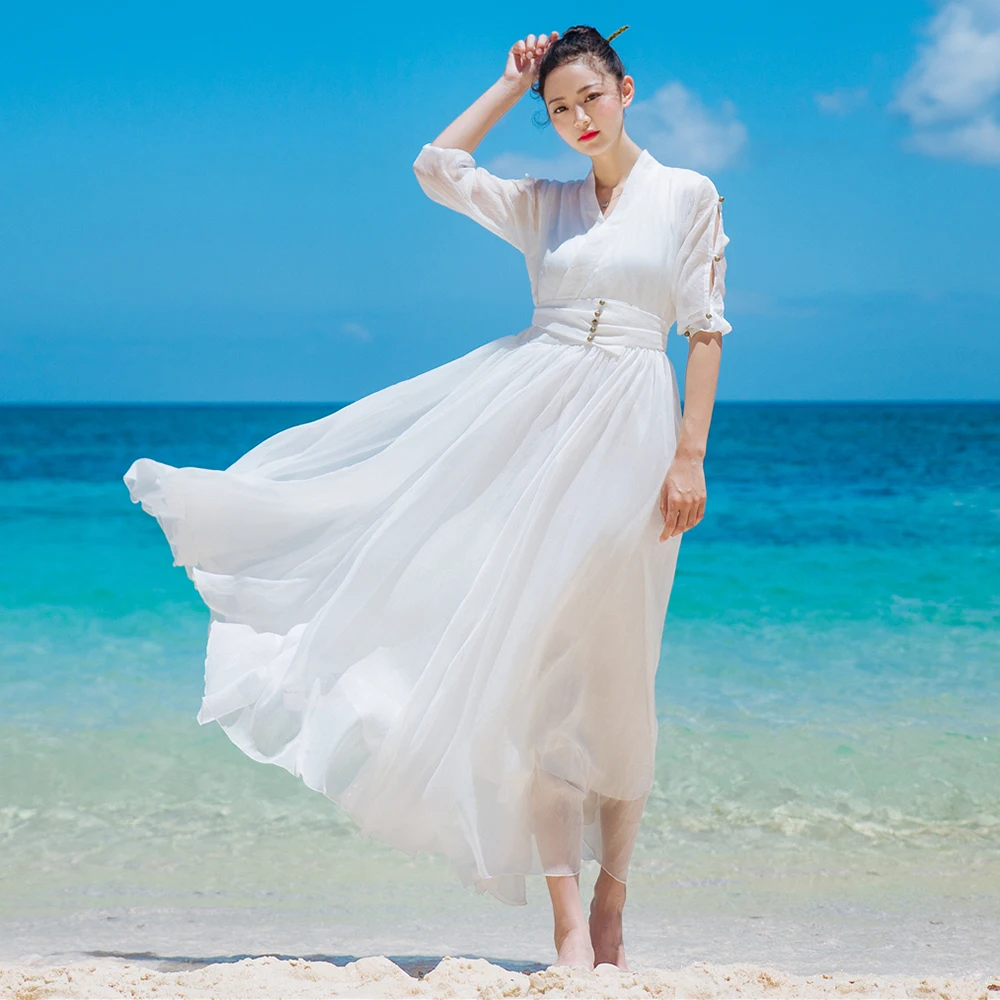 

Khale Yose Summer Beach Dress 2018 V-Neck Boho Vintage Women Maxi Dress Chiffon Sheer Ladies Holiday Long Party Gypsy Dresses