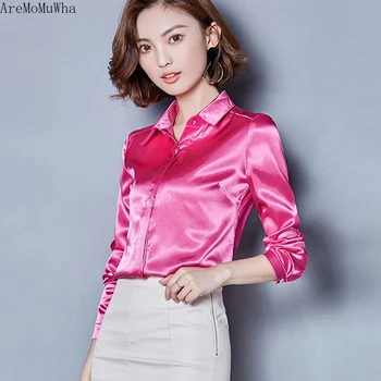 

AreMoMuWha 2019 New Korean Satin Shirt Female Long-sleeved Solid Color Slim Slimming Silk Shirt Large Size Shirt Blouse Women852