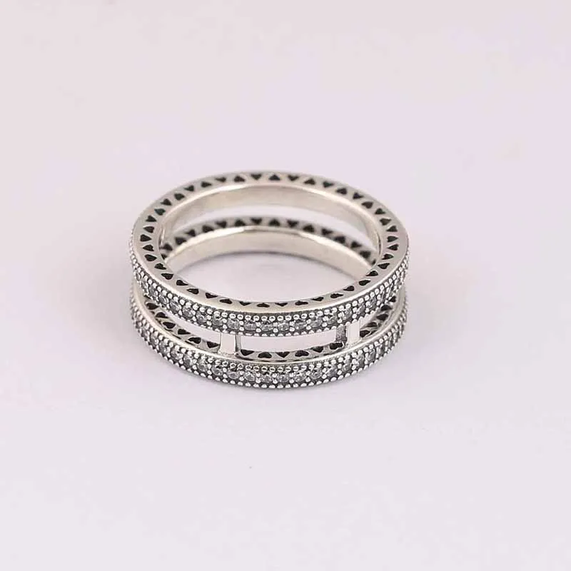 

Genuine 925 Sterling Silver Double Ring Openwork Love Decoration CZ Compatible with European Jewelry