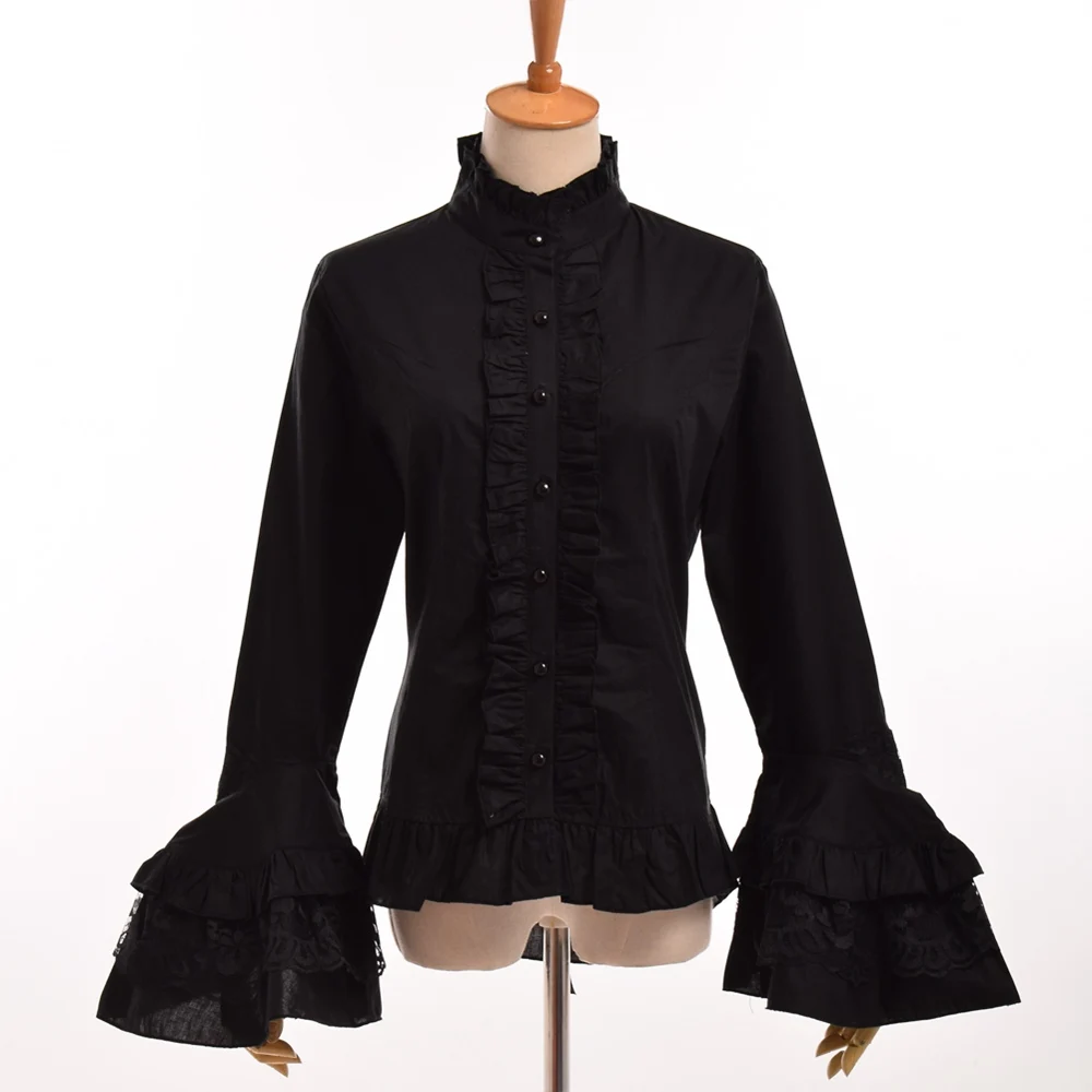 Черная Готическая блузка женская винтажная стимпанк элегантная принцесса империя королевская талия на шнуровке Лолита жабо рубашка Топы