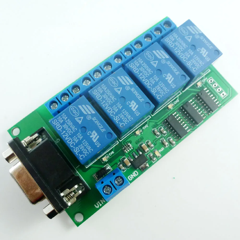 

12V DC 4 Channel RS232 Relay Board PC USB UART DB9 Remote Control Switch for Smart Home Garage door Car alarm Farm Motor