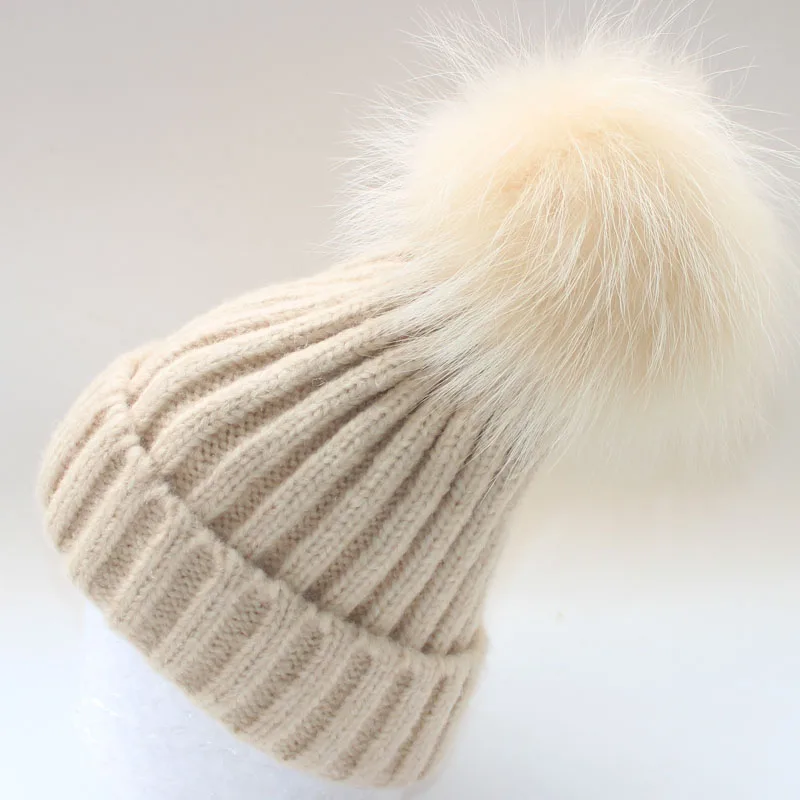 Детская зимняя шапка шар-помпон из меха енота Детские шапочки 30% шерсть и полиэстер теплая вязаная шапочка помпон шапка