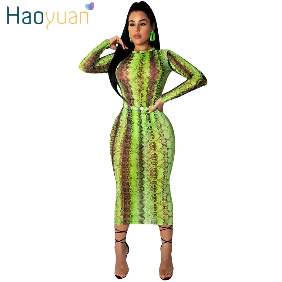 

HAOYUAN Snake Print Sexy Party Dress Club Wear Women Summer Sheer Bodycon Dress Neon Long Sleeve Transparent Mesh Maxi Dresses