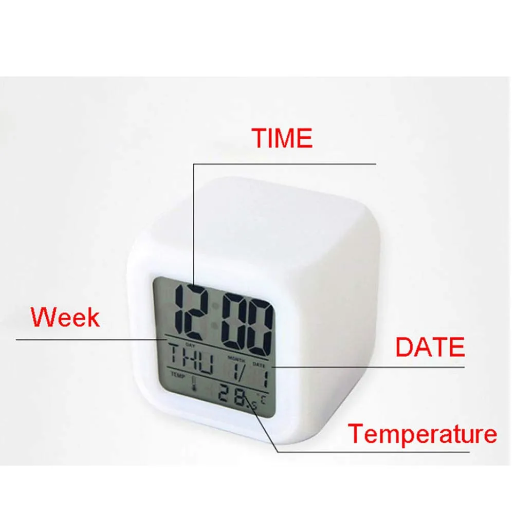 Креативный цифровой будильник, термометр, светящийся куб-ночник, 7 цветов, квадратная форма, часы, светодиодный, сменные настольные часы