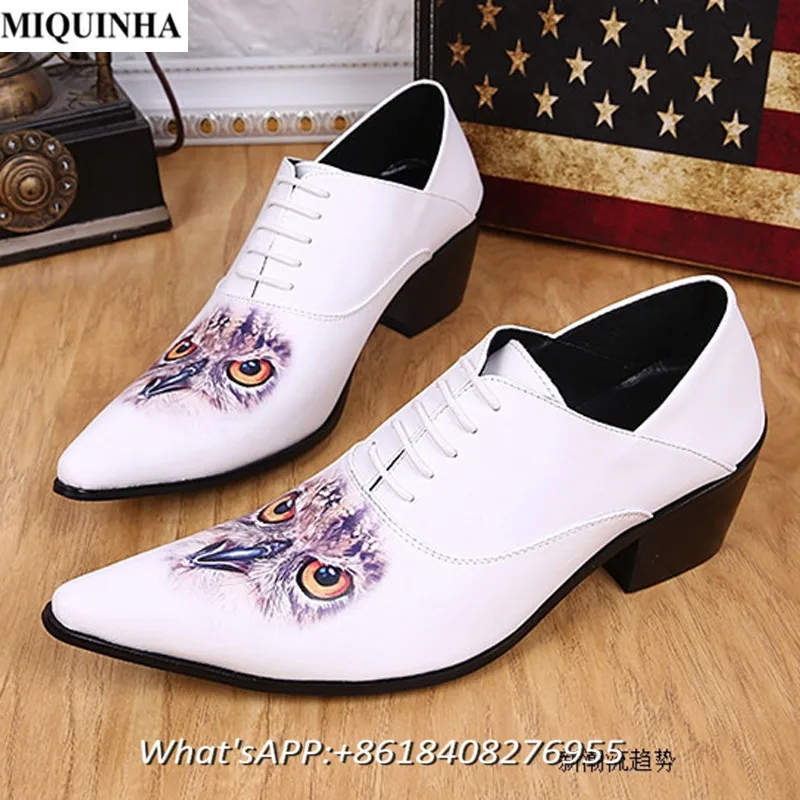 

MIQUINHA Fox Wolf Print Animal Head Shoes Man Genuine Leather White Men Dress Shoes Lace-up Pointed Toe Height Increasing