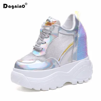

2019 New Women Platform Sneakers Summer Breathable Lace Up Wedges Heels Casual Shoes 11CM Thick Sole Bling Shoes Zapatos Mujer