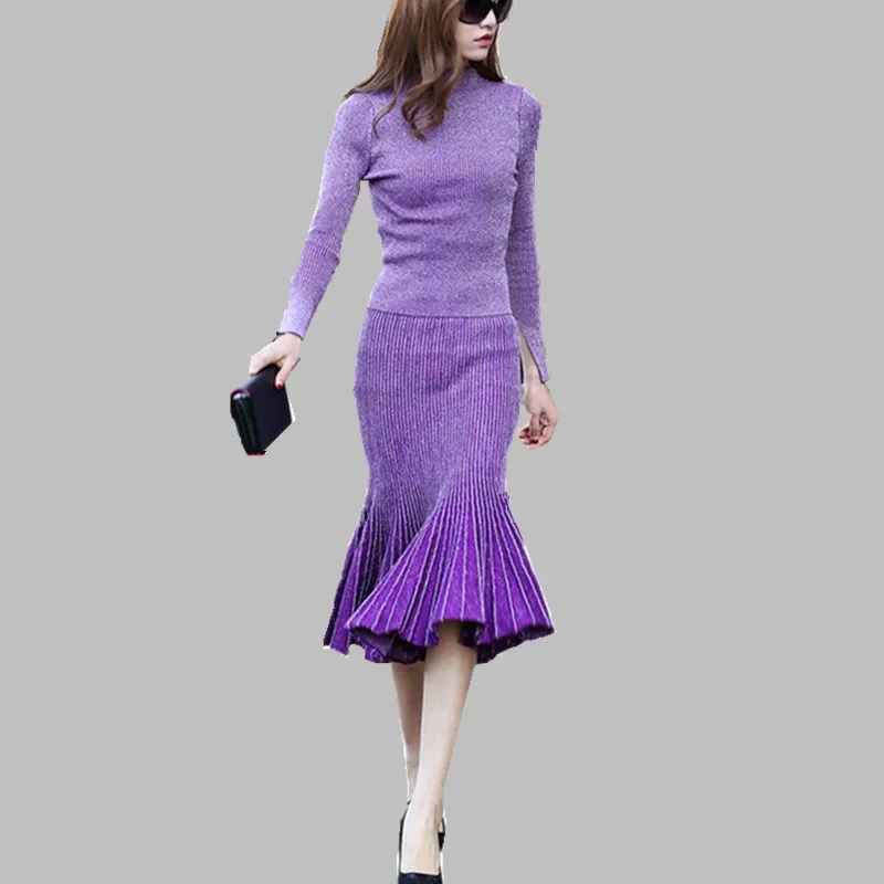 

High quality 2019 Fashion Designer Runway winter two piece Suit Set Women's Knitting Sweater Gradient Color Mermaid Skirt Set