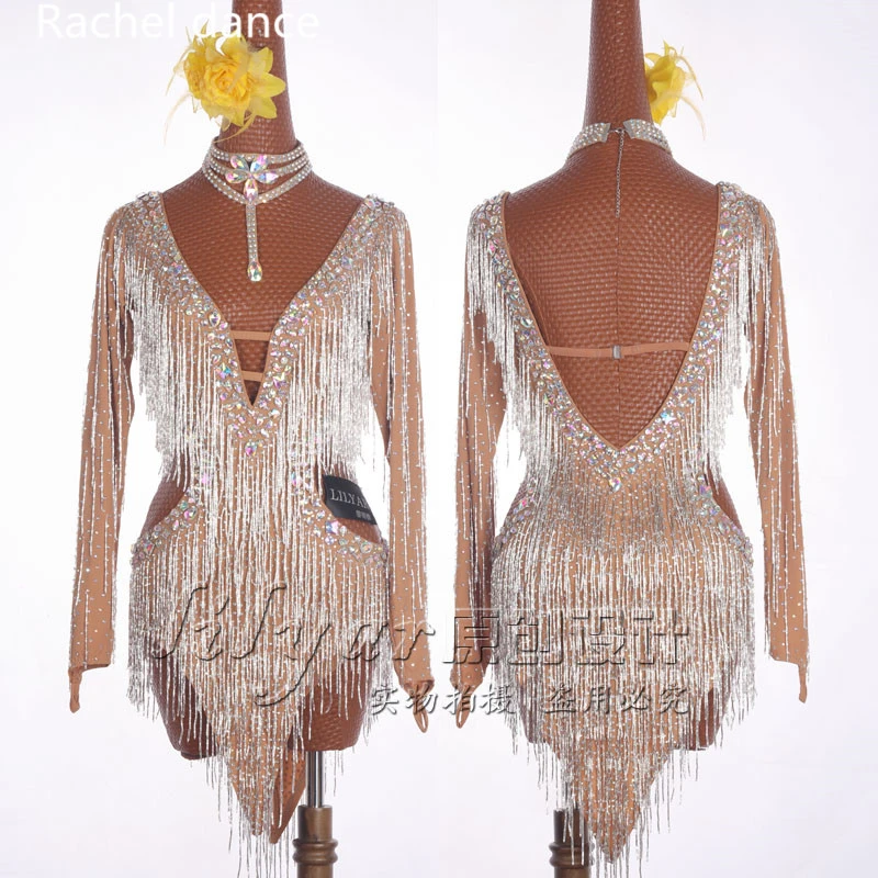 Vestido de baile latino profesional para mujer, traje de salón con de pico doble y Apertura trasera poliéster para Salsa Tango, traje de competición|latin dance dress women|latin dance dresslatin dress -