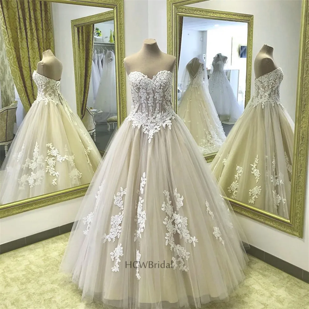 

2019 Champagne Ball Gown Wedding Dresses Strapless Lace Tulle Corset Arabic Bridal Dress Custom Made Robe De Mariee Cheap