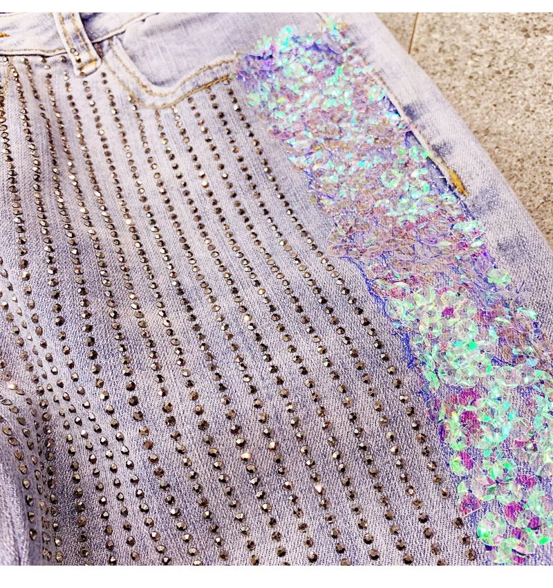 Весенне-летние модные новые джинсы с бриллиантами для женщин, тяжелая работа, боковая строчка, с блестками, узкие джинсы-карандаш