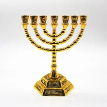 Позолоченный держатель Menorah 7 ветка 12 племен Jerusalem Judaica 4,7 дюймов