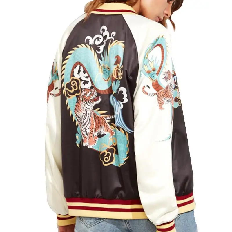 2018 Autumn Fashion Women Stand Collar Zipper Long Sleeve Basic Jacket Dragon Tiger Print Bomber Jackets Coats Streetwear