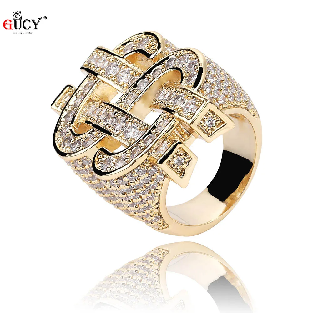 

GUCY Dollar Rings Micro Pave Cubic Zircon Ring All Iced Out Gold Color Plated Personality Fashion Hip Hop Jewelry For Men Gift