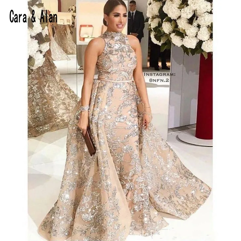 

robe de soiree Mermaid Yousef Aljasmi Evening Dresses Overskirt Sequined Appliques High Neck Plus Size Occasion Prom Gowns