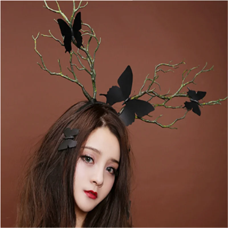 Преувеличенная Готическая повязка на голову с рогом оленя, ветви деревьев, имитация рога, Бабочка, головной убор на Хэллоуин, вечерние украшения для волос для косплея