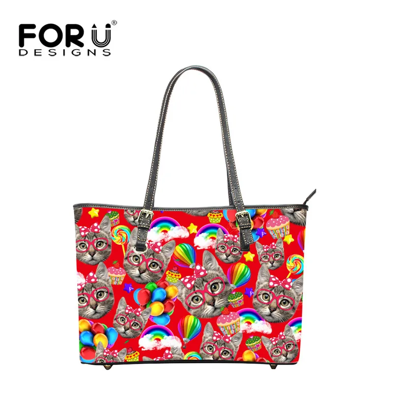

FORUDESIGNS Cute Cat Printing Ladies Shoulder Bags,Women PU Leather Handbags ,Large Capacity Woman Tote Beach Bag Red Hand Bag