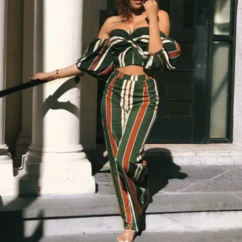

Sexy Striped Two-piece Set Off Shoulder Backless Crop Tops Puff Sleeves Pants Trousers Casual Summer Fashion Femlae 2 Pieces Set