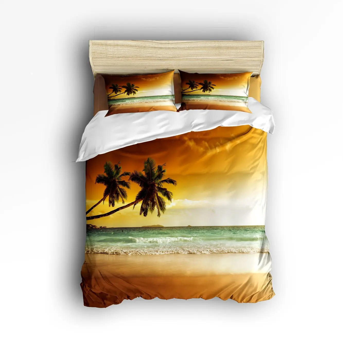 

Queen Size Bedding Set- Palms Coconut Trees Sunset 3D Printing Duvet Cover Set Bedspread for Children/Kids/Teens/Adults, 4 Piece