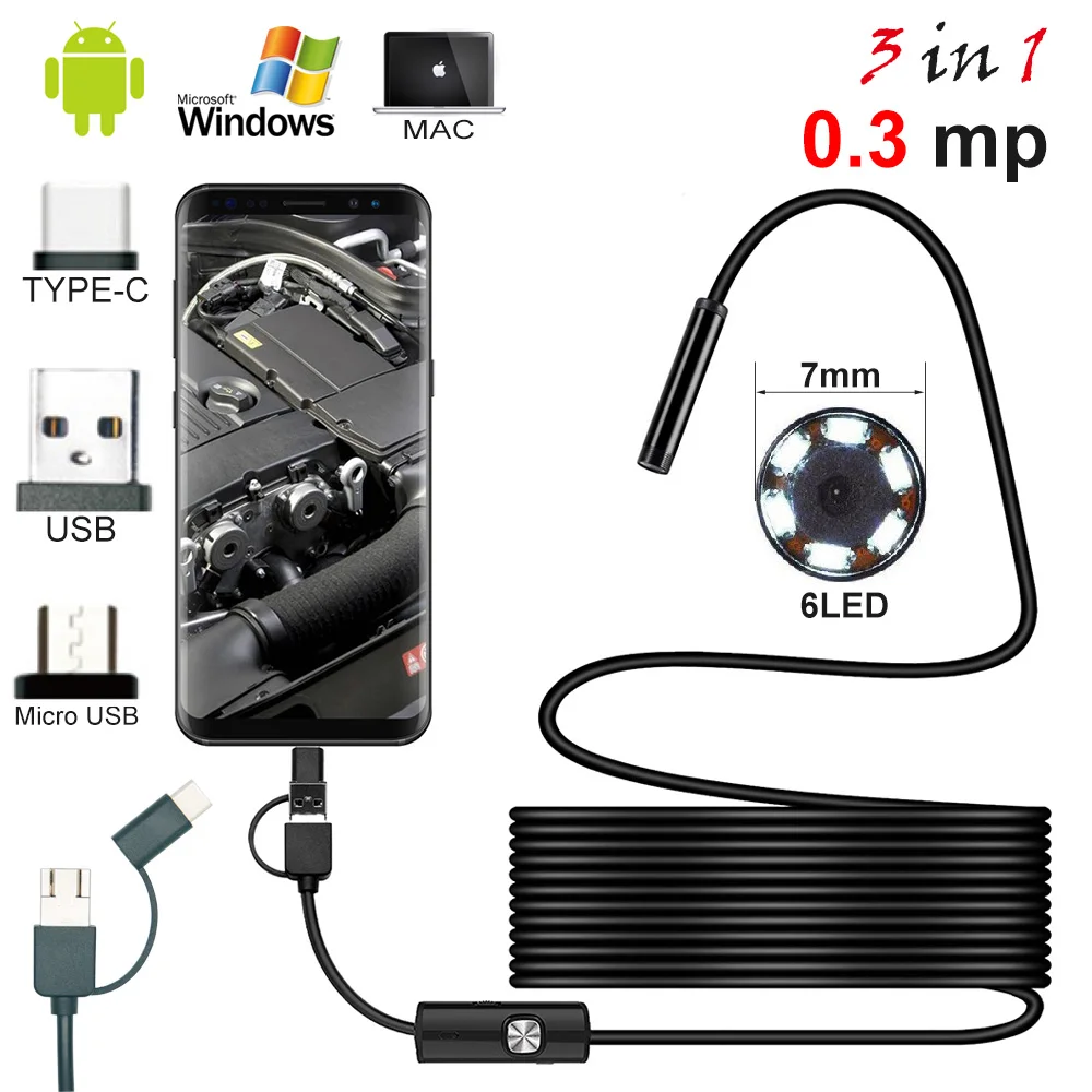 

USAFEQLO 7mm Endoscope Camera USB Android Endoscope Waterproof 6 LED Borescope Inspection Camera For Android PC TYPEC 480P 0.3MP