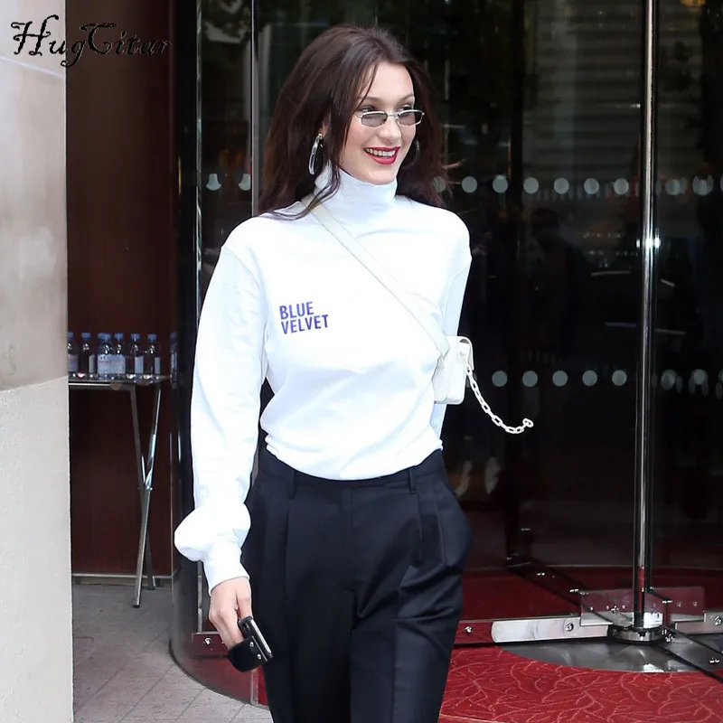 Hugcitar long sleeve cotton high neck letters print t shirt tops 2018 autumn winter women fashion new casual loose T-shirts