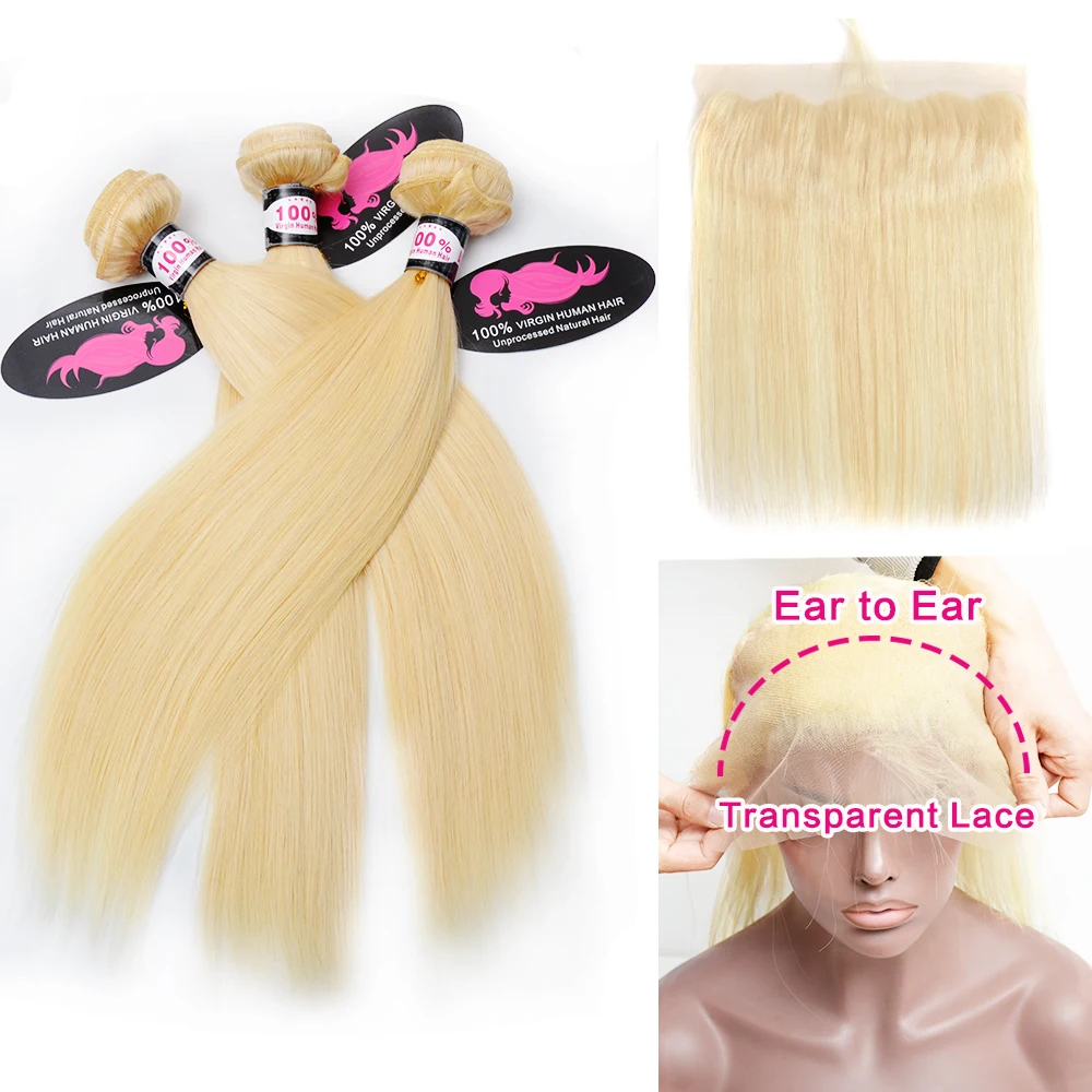 

Brazilian Straight Hair 613 Blonde Bundles With Frontal 100% Remy Human Hair 13x4 Lace Frontal Closure With Bundles ALIBALLAD