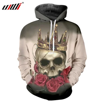 

UJWI Rose Hoodies Men's Harajuku Print Skull With Crown 3D Sweatshirt Hoodie Man Hip Hop Hooded Pullovers Male Long Sleeve Hoody