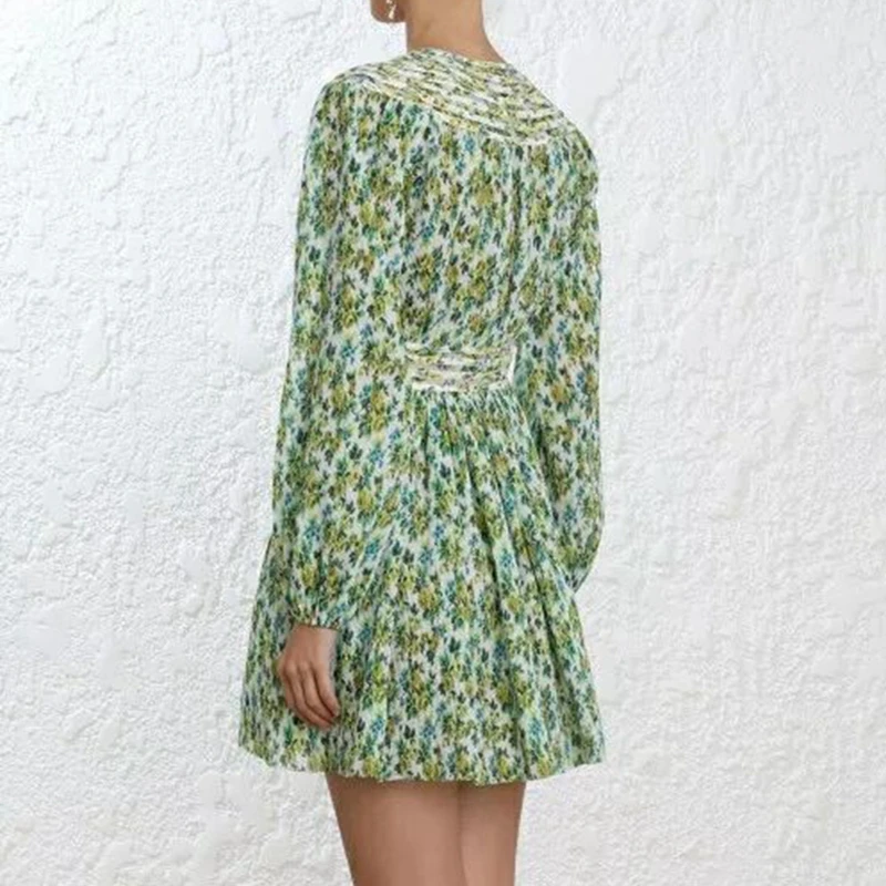 MODA NOVA Designer Runway Dress Women Vintage Sexy V Neck Floral Print Pleated Long Sleeve Boho Mini Dress 2018 Autumn Vestido