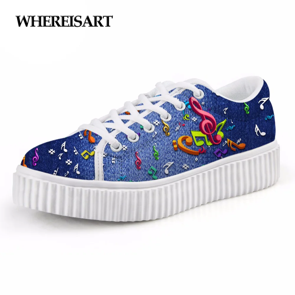 

WHEREISART Classic Low Style Casual Shoes Woman Autumn Denim Musical Note Printed Women Flat Platform Shoes for Female Flats