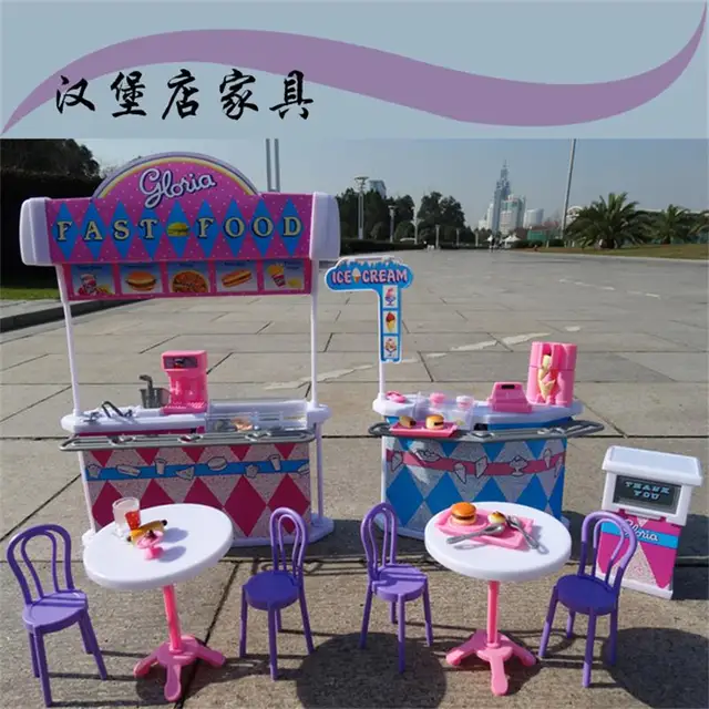 US $27.35 For Barbie Doll Furniture Accessories Plastic Toy Burger Shop Table Play Props Chair Tableware Play