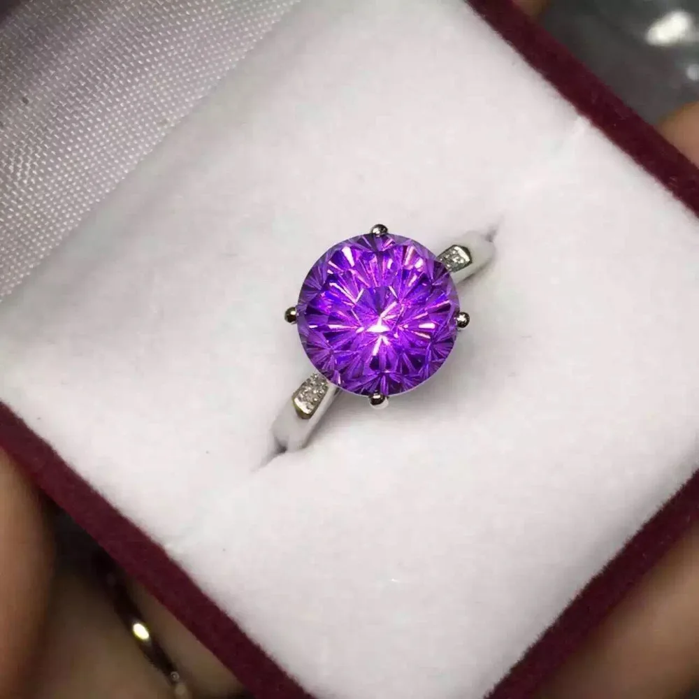 

Dia 12mm Real Amethyst Gemstone Ring Women Solid 925 Sterling Silver Band Fashion Natural Purple Stone Jewelry Free Box