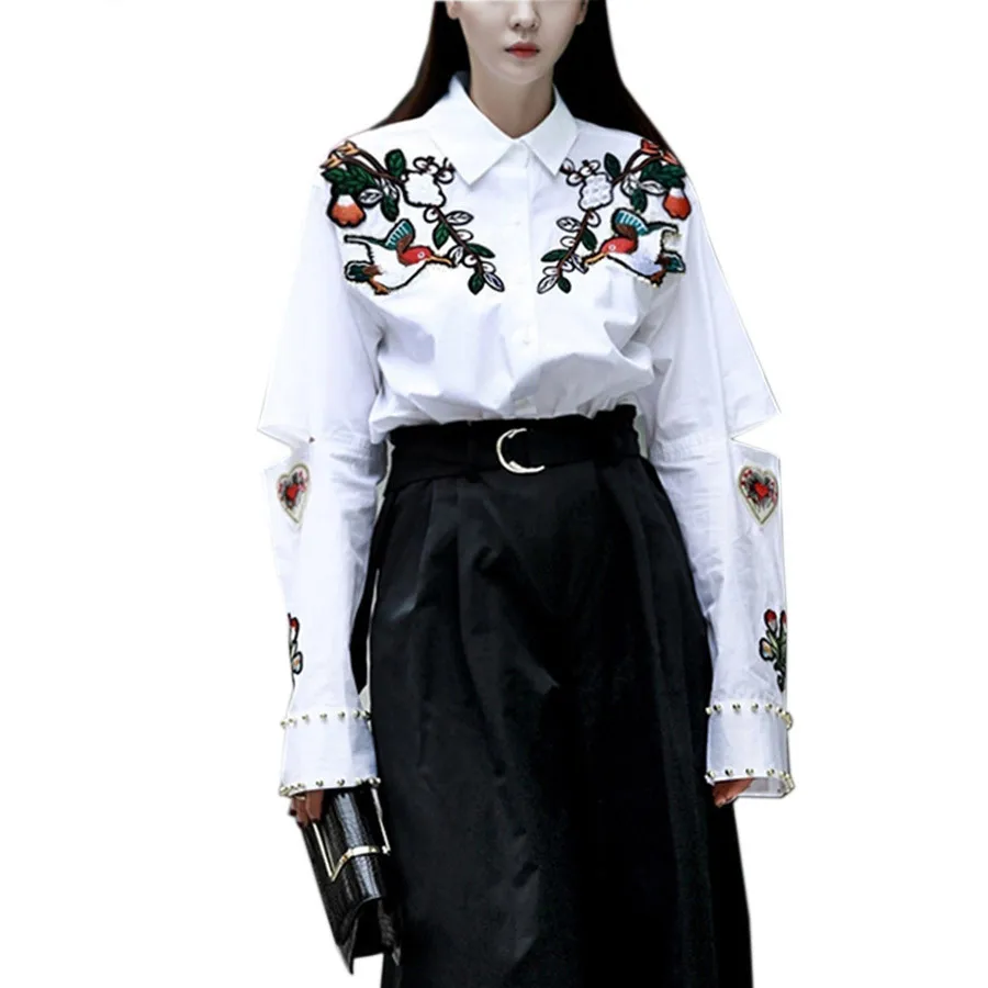 Runway Designer Vintage Floral Bordir Blus Putih Kemeja Wanita Lengan Panjang Baju Atasan Musim Semi 2017 Blus Blusas Femininas