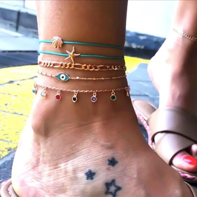 New Fashion foot chain multi-layer Starfish Shell Eye crystal tassel pendant 5 pieces set anklets for women jewelry accessories | Украшения