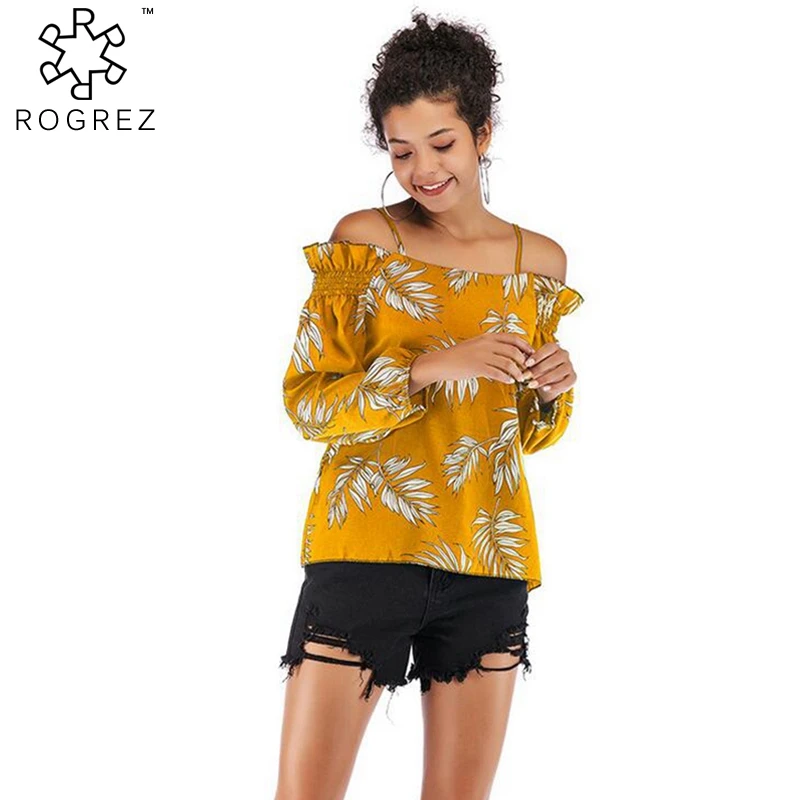 ROGREZ Red Yellow Green Casual Floral Chiffon Shirt Tops Slash Neck Strap Blouse Spring Summer Women Long Sleeve Shirts 2019 |
