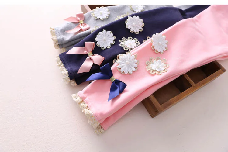 2018 Summer Kids Children Cotton Pink Gray Navy Blue Full Length Capri With Bow Flower Foral Lace Baby Girl Leggings Children (20)
