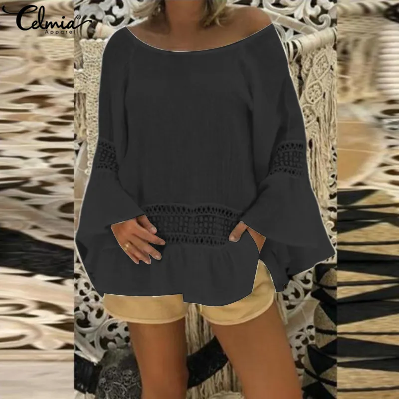 أعلى الأزياء Celmia 2019 الخريف المرأة زائد حجم البلوزات السيدات مضيئة كم تونك قمصان عارضة فضفاضة جوفاء الدانتيل Blusas الأنثوية