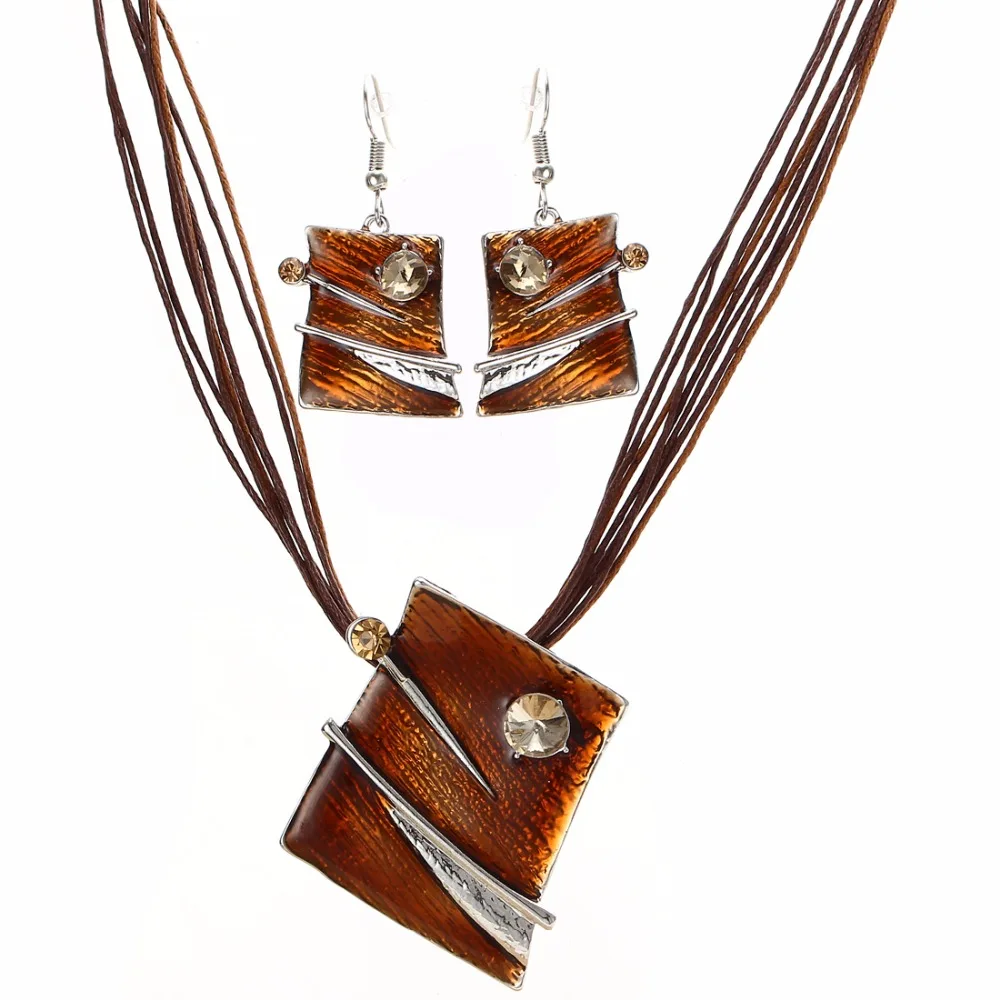 Ретро коричневый цвет многослойная цепочка геометрический узор кулон ожерелье серьги для женщин Свадебные украшения наборы оптом