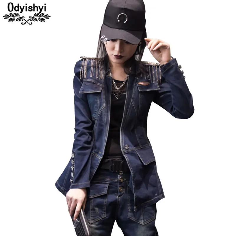 

2019 New Fashion Jeans Jacket Women's Medium Long Tassel One Button Epaulettes Denim Coat Tops Ladies Slim Hipster Outwear HS461