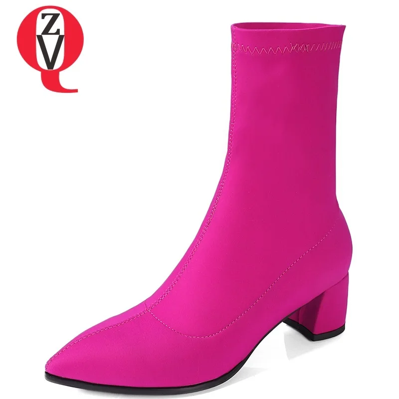 

ZVQ 2018 new fashion pointed toe med square heel slip-on lycra women shoes winter outside black and roes red sexy mid calf boots