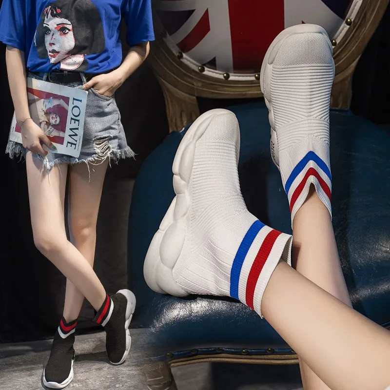 

Hot lwomen sneakers 2019 summer new knitted elastic socks shoes lightweight breathable casual fashion high to help women shoes