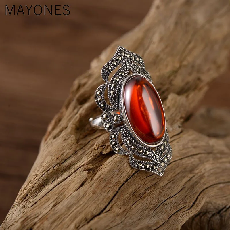 

Retro 925 Sterling Silver Inlay Red Garnet Big Oval Rings For Women Vintage Punk Style Handmade Bijoux Indian Jewelry