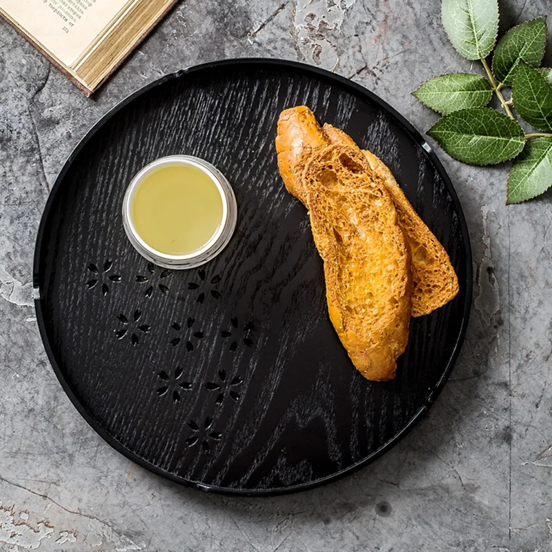 Japanese Wood Tea Tray Black Round Wooden Tray Coffee Breakfast Serving Platter Dishes Fruit Plate Vintage Puer Tea Tray Teaware (1)