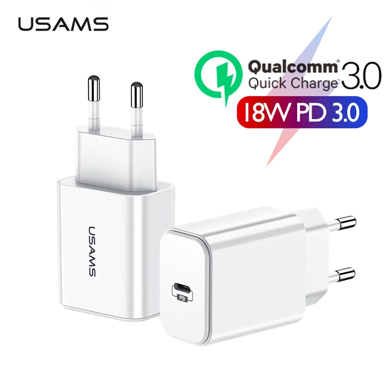 

USAMS USB Charger Quick Charge 3.0 18W Type C PD Charger for iPhone X XR Portable Wall Charger for Samsung Xiaomi Phone Adapter