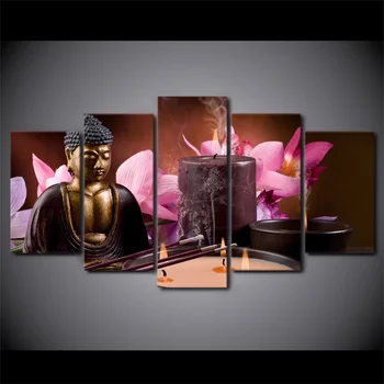 

5 Panel Pink Flower Buddha Canvas HD Printed Poster Frame Painting Modular Living Room Wall Art Lienzos Cuadros Decorativos