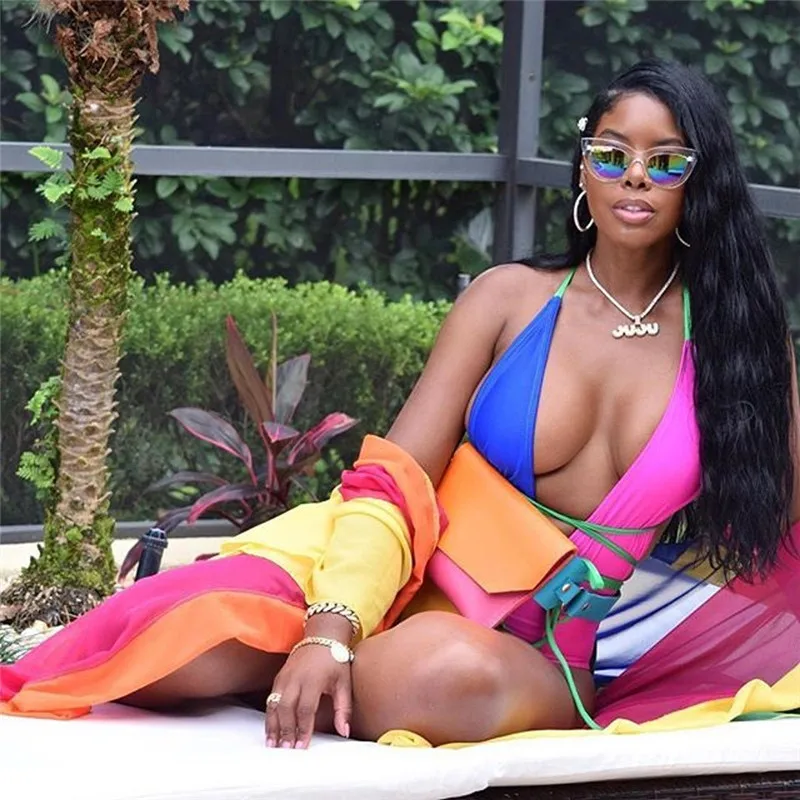 New Patchwork Rainbow Swimsuit Women One Piece Bodysuit Monokini Swimwear + Beachwear Long Cover Up Bathing Suit Cardigan3