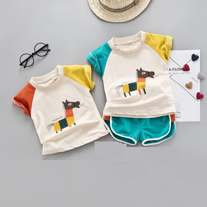 

2019 Sale Infantis summer Children Cotton sport Boys short Sleeve horse t Shirt+ pants 2pc/set kids fashion Clothes 1-4year