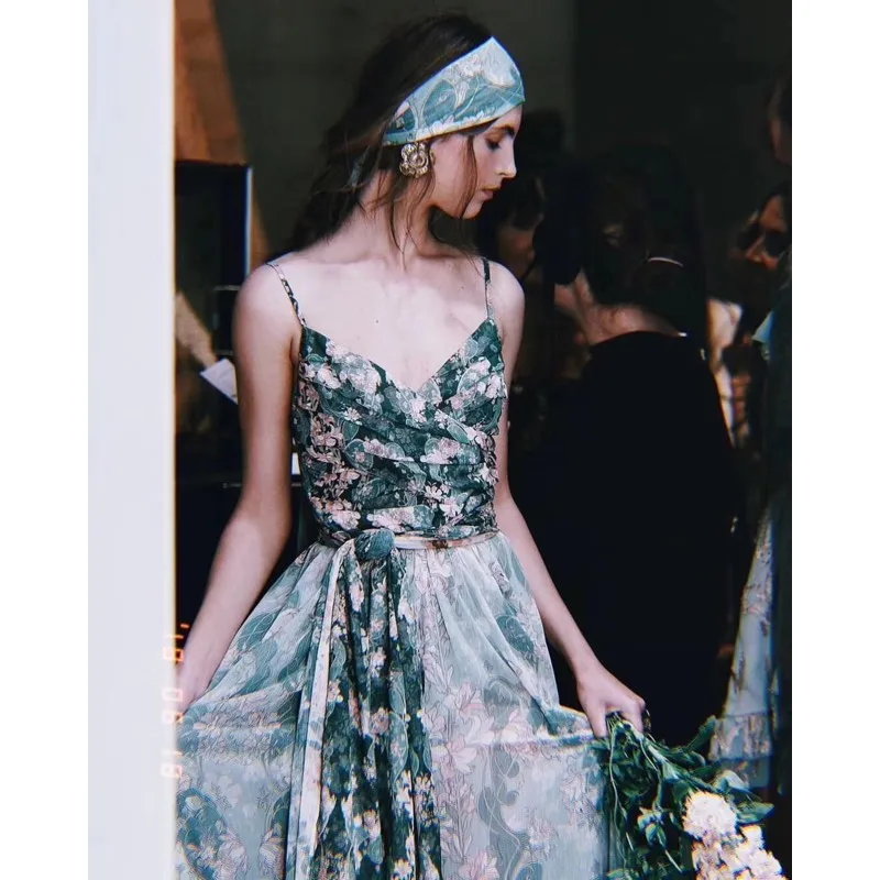 

EXCOSMIC Women's Sexy Deep V-Neck Bohemian Printed Long Beach Dress Embroidery Patchwork Tiered Ruffles Elegant Runway Dresses