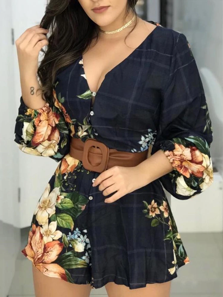 Günstig 2019 sommer Frauen Elegante V ausschnitt Casual Strampler Weibliche Freizeit Overall Vintage Floral Druck Laterne Hülse Backless Strampler