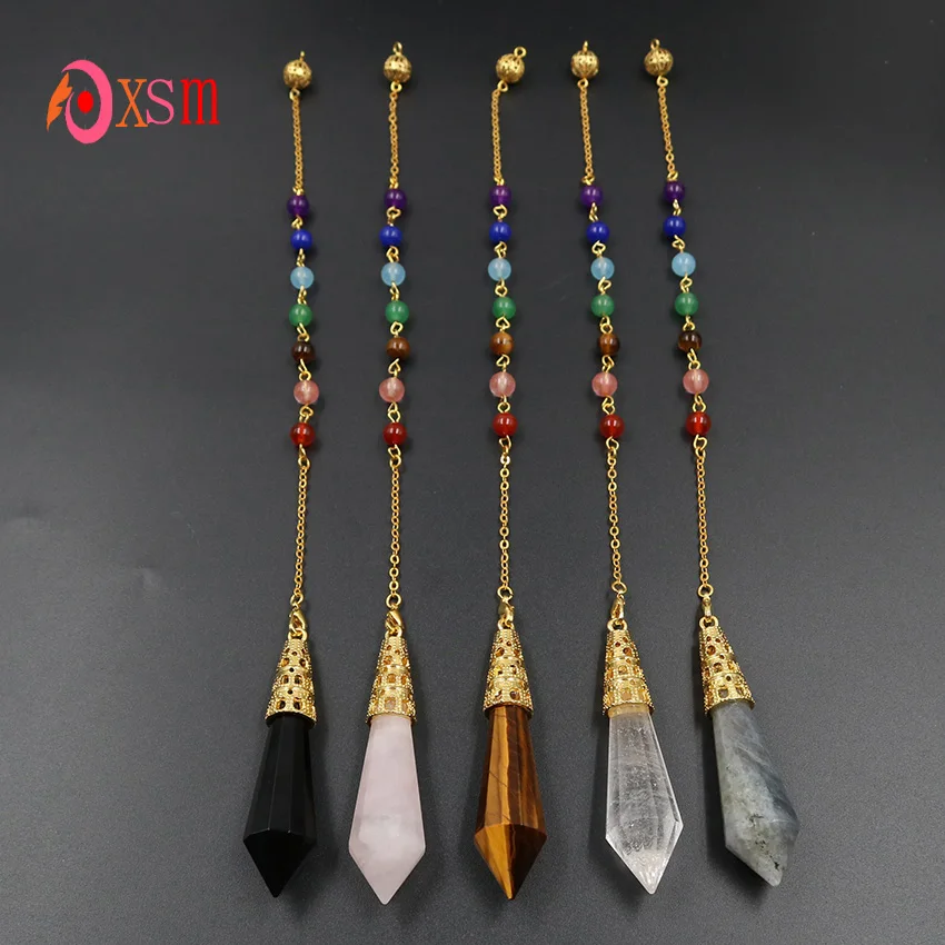 

xinshangmie Light Yellow Gold Color Black Agates Shimmer Stone Pyramid Hexagonal Prism Pendulum Pendant 7 Chakra Chain Jewelry